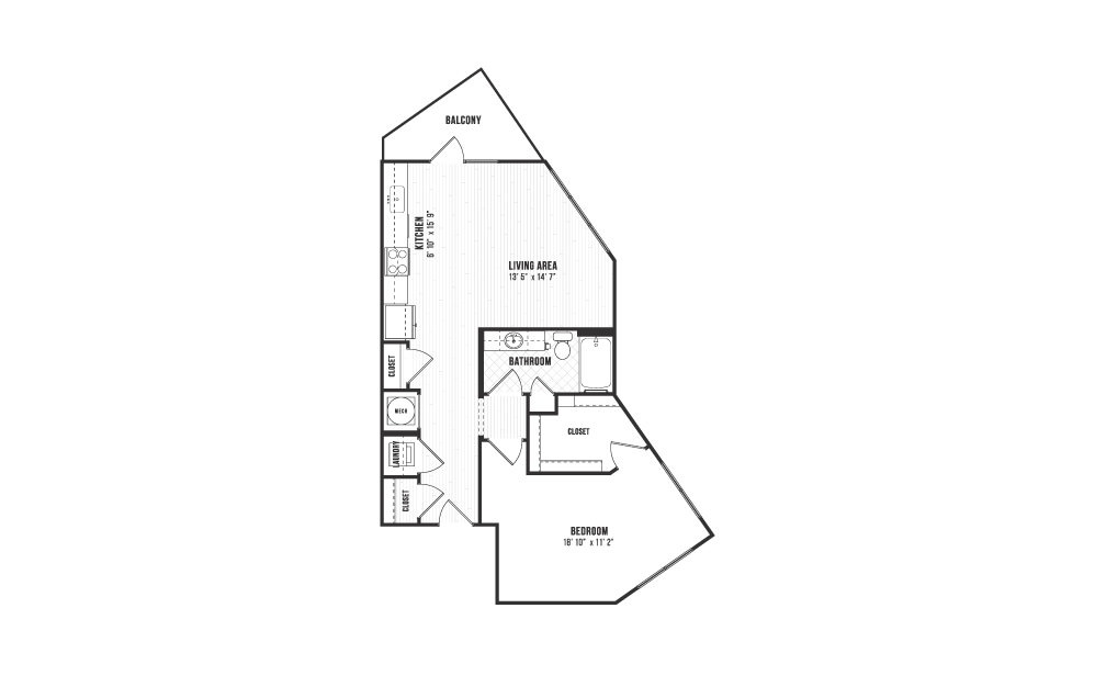 A13 - 1 bedroom floorplan layout with 1 bath and 822 square feet. A13 - 1 bedroom floorplan layout with 1 bath and 822 square feet.