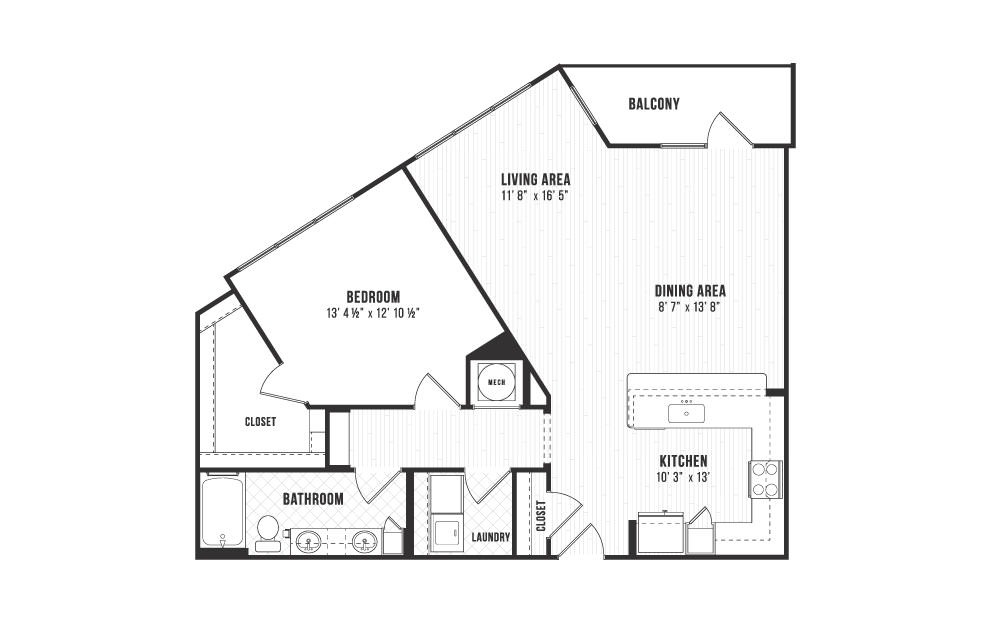 A6 - 1 bedroom floorplan layout with 1 bath and 1030 square feet. A6 - 1 bedroom floorplan layout with 1 bath and 1030 square feet.