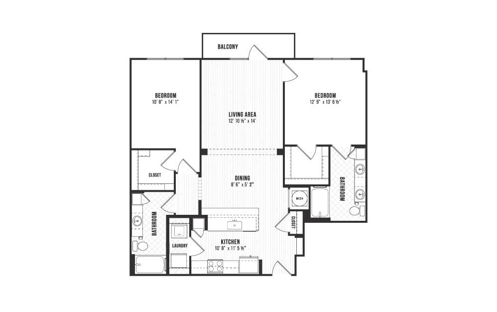 B1 - 2 bedroom floorplan layout with 2 baths and 1226 square feet.