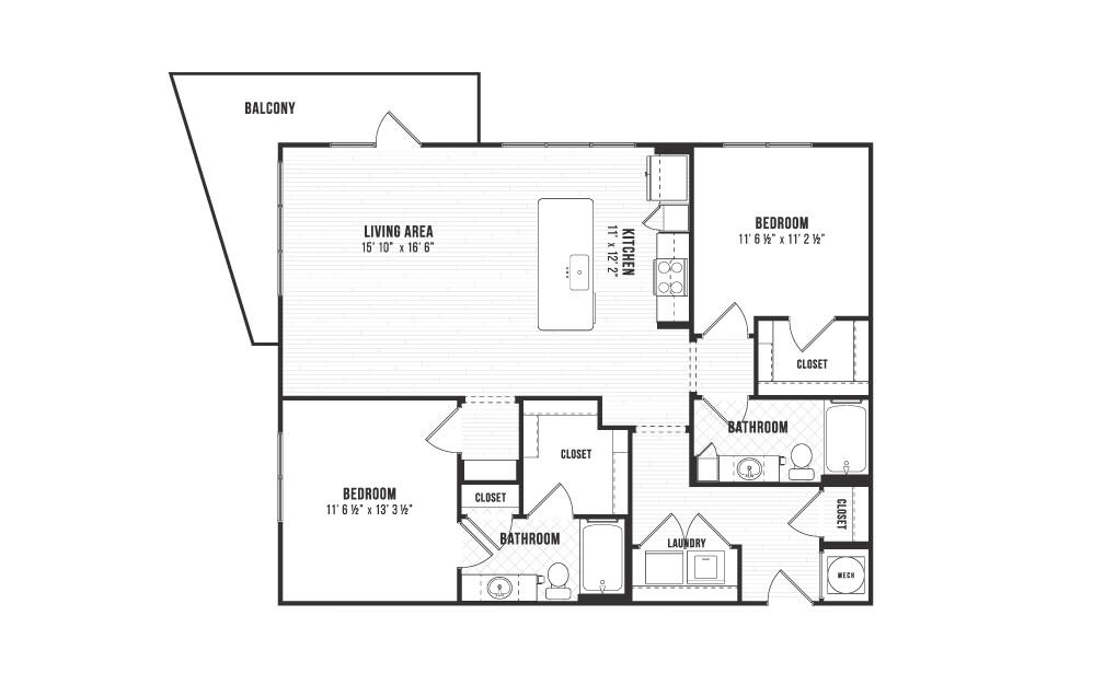 B2 - 2 bedroom floorplan layout with 2 baths and 1228 square feet. B2 - 2 bedroom floorplan layout with 2 baths and 1228 square feet.