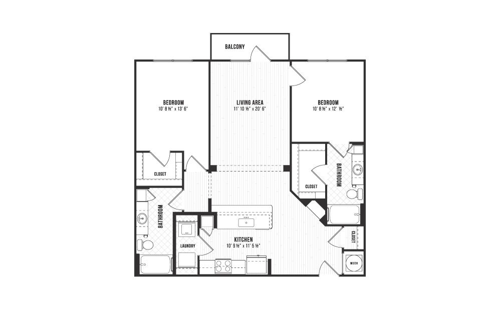 B3 - 2 bedroom floorplan layout with 2 baths and 1144 square feet. B3 - 2 bedroom floorplan layout with 2 baths and 1144 square feet.