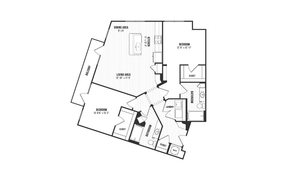 B4 - 2 bedroom floorplan layout with 2 baths and 1251 square feet. B4 - 2 bedroom floorplan layout with 2 baths and 1251 square feet.